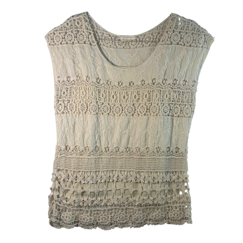 Adiva Crochet Lace Panel Tank Top Ivory Cotton Boho Sleeveless M Boho Festival